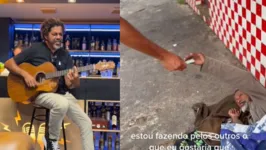 Em um dos vídeos, Givaldo toca violão e em outro dá R$ 100 reais a um mendigo