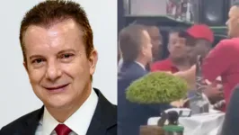 O jornalista se vê obrigado a afastar o homem utilizando as mãos, enquanto outros presentes intervêm para evitar um confronto físico