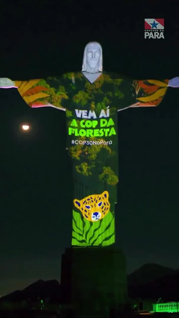Imagem ilustrativa da notícia Vídeo: projeções no Cristo Redentor marcam 100 dias para a COP30