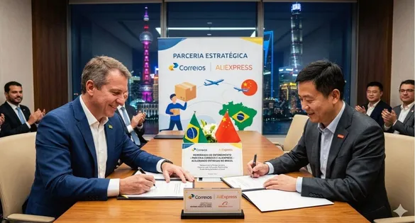 Autoridades do Ministério das Comunicações, executivos dos Correios e representantes do AliExpress formalizam o acordo de cooperação logística durante missão oficial na China.